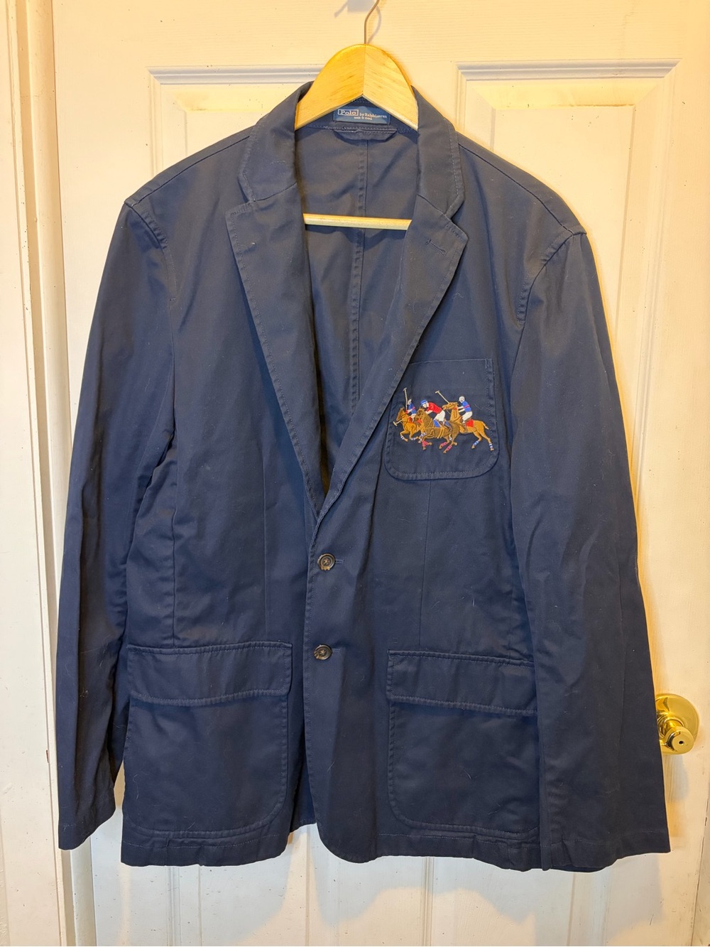 Polo by Ralph Lauren Navy Cotton Triple Pony Polo Player Embroidered Blazer flaw